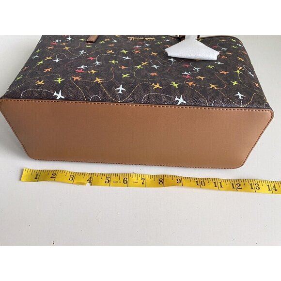 Michael Kors Jet Set Brown MultiColor Airplane Print Carryall Tote Purse Bag NEW - Picture 8 of 13